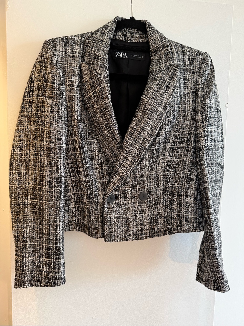 ZARA Black & White Tweed Double-Breasted Cropped Blazer